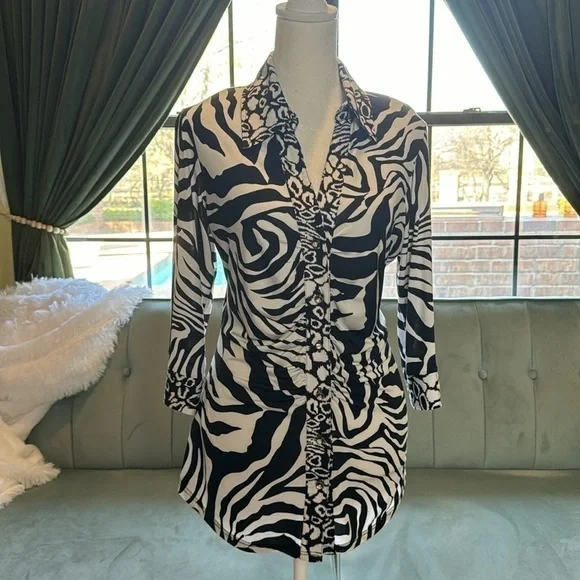 Mesmerize Zebra Print Blouse with Ruched Front and Rhinestone Button Detail - Picture 4 of 5